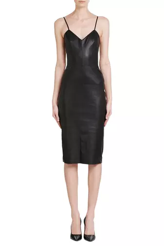 women's black lambskin midi leather dress short sleeve design exclusive