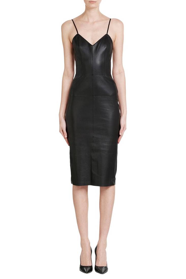 women’s genuine lambskin leather dress black leather midi dress short sleeve dress