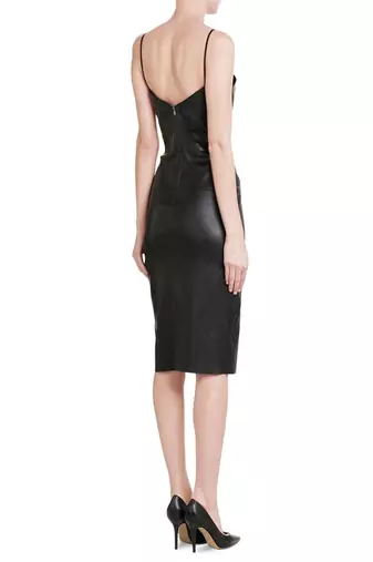 women's black lambskin midi leather dress short sleeve design exclusive