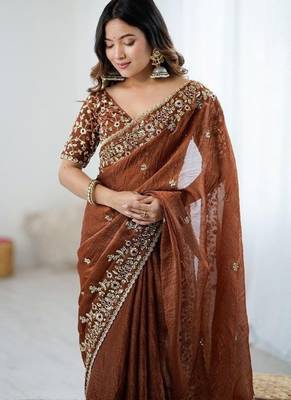 Brown Color embroidery sequence work chiffon Saree 1