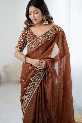 Brown Color embroidery sequence work chiffon Saree