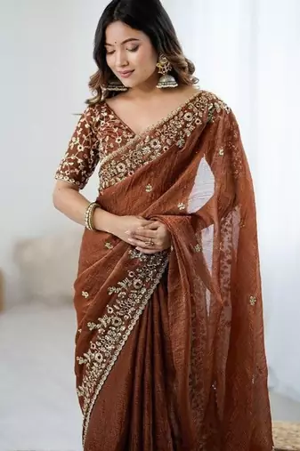 Brown Color embroidery sequence work chiffon Saree