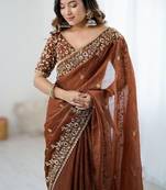 Brown Color embroidery sequence work chiffon Saree