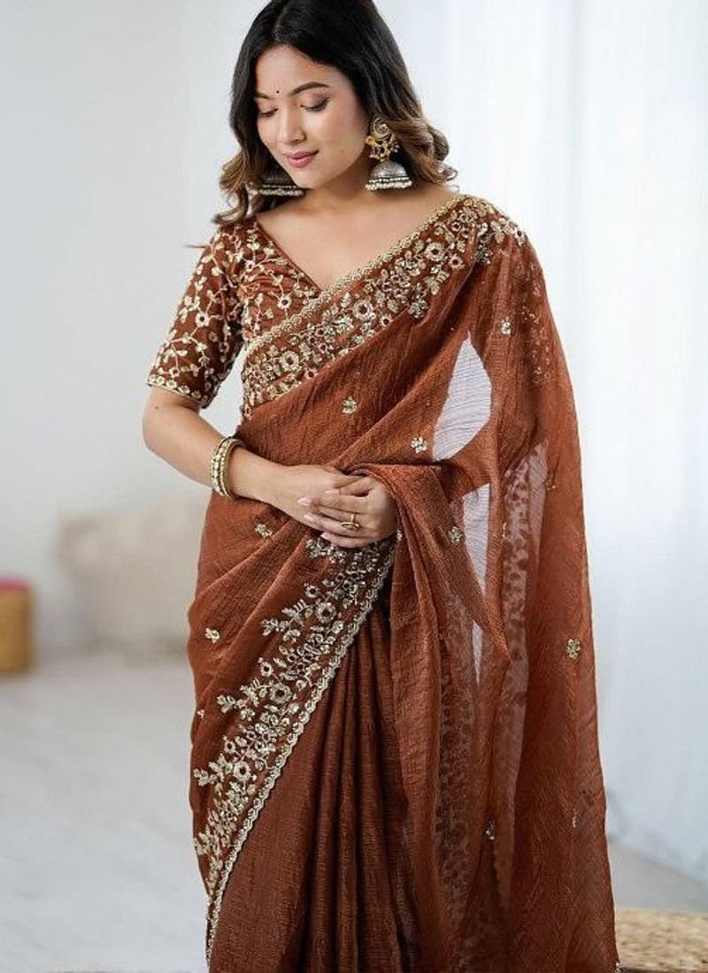 Brown Color embroidery sequence work chiffon Saree