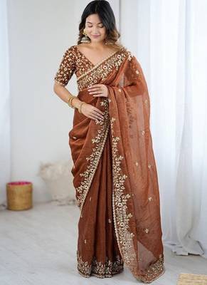 Brown Color embroidery sequence work chiffon Saree 2