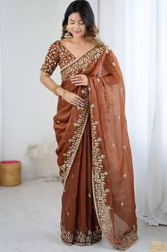 Brown Color embroidery sequence work chiffon Saree