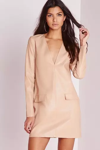 women's beige lambskin midi leather dress classic zip up style