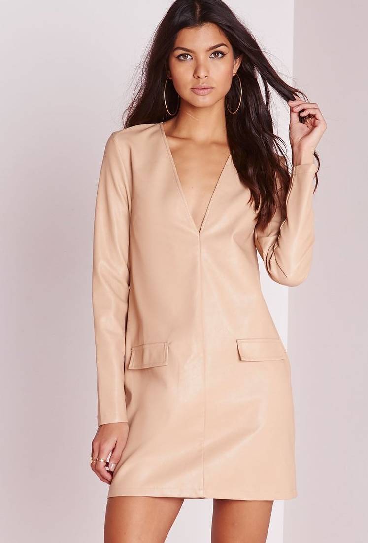 women's beige lambskin midi leather dress classic zip up style