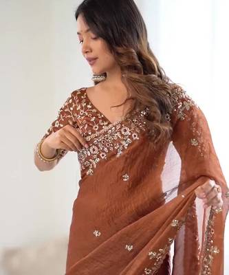 Brown Color embroidery sequence work chiffon Saree 3
