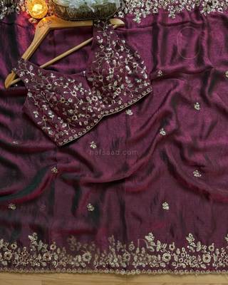 Wine Color embroidery sequence work chiffon Saree 1