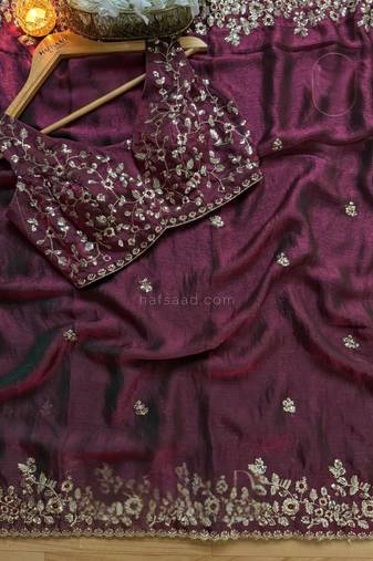 Wine Color embroidery sequence work chiffon Saree