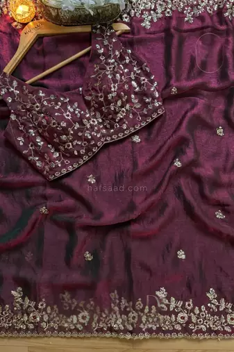 Wine Color embroidery sequence work chiffon Saree