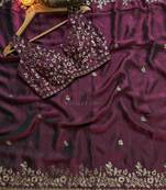 Wine Color embroidery sequence work chiffon Saree