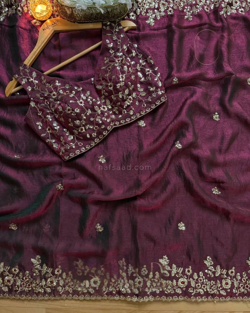 Wine Color embroidery sequence work chiffon Saree