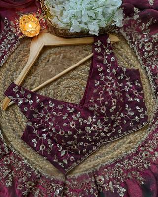 Wine Color embroidery sequence work chiffon Saree 2