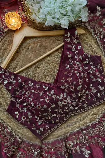 Wine Color embroidery sequence work chiffon Saree