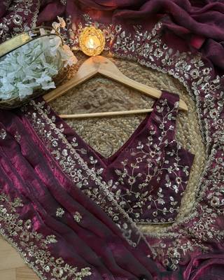 Wine Color embroidery sequence work chiffon Saree 3