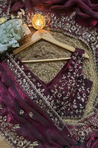Wine Color embroidery sequence work chiffon Saree