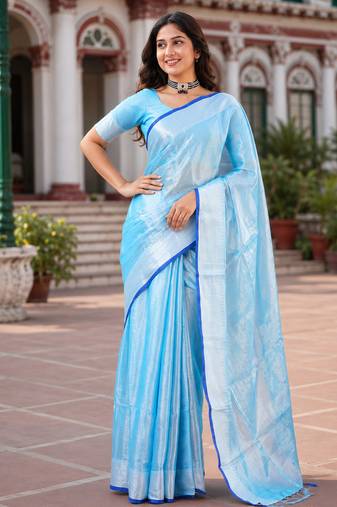  aqua blue handloom cotton tissue saree