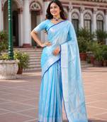 aqua blue handloom cotton tissue saree