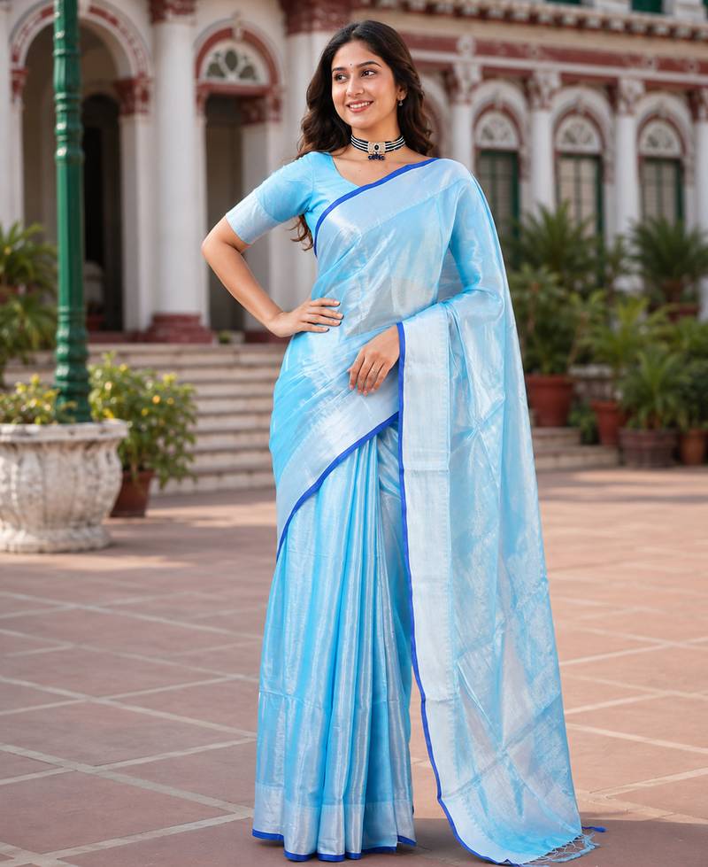  aqua blue handloom cotton tissue saree