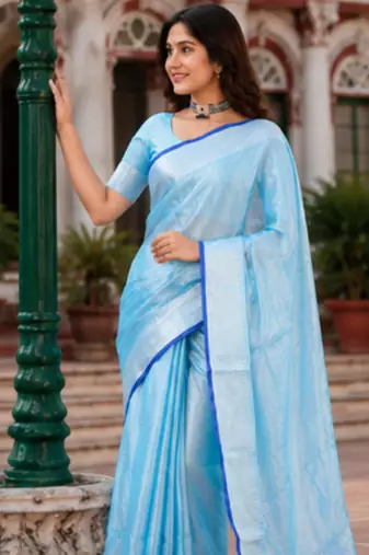  aqua blue handloom cotton tissue saree