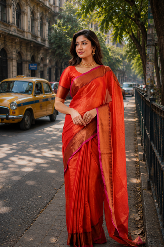  orange handloom cotton tissue saree