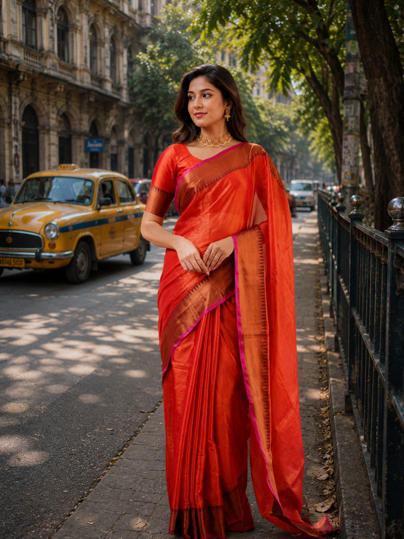  orange handloom cotton tissue saree
