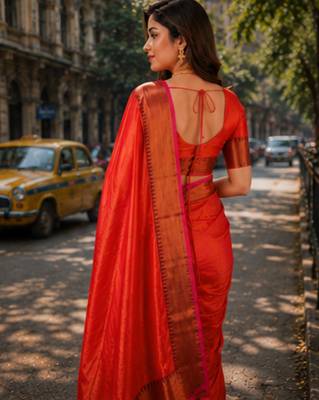  orange handloom cotton tissue saree 3