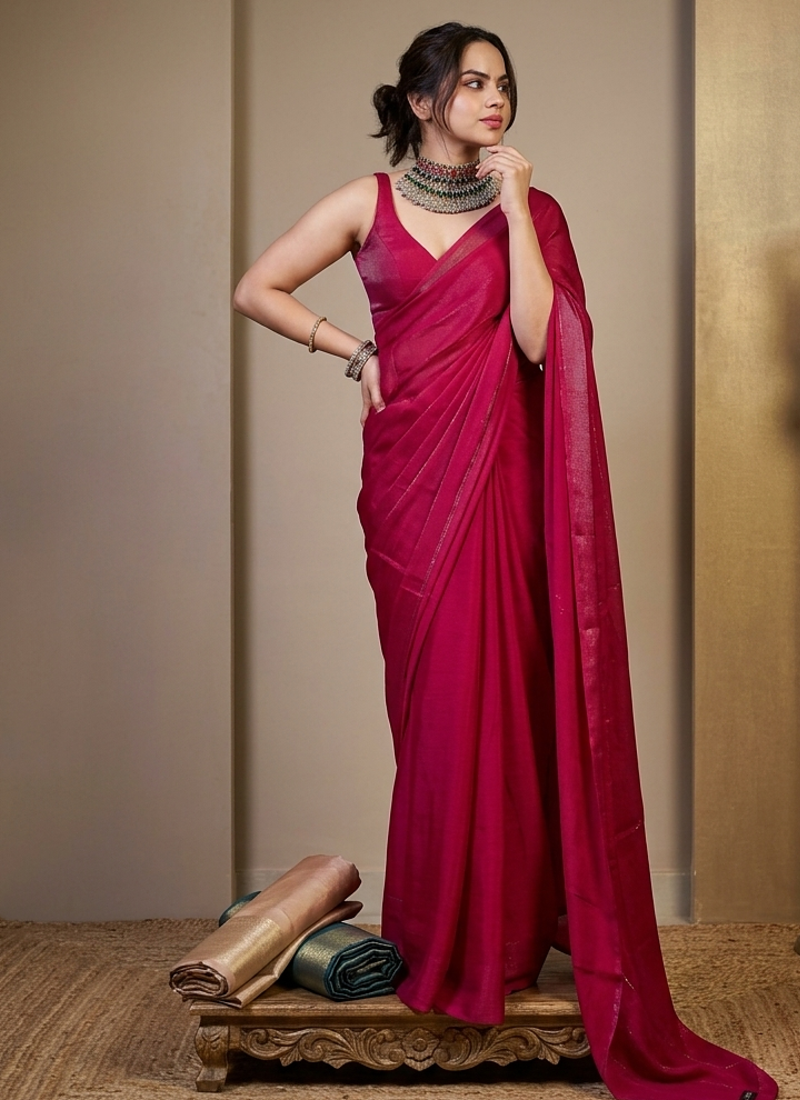 Designer Solid Fandy Satin Saree With Unstitched  Blouse piece