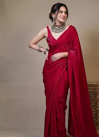 Designer Solid Fandy Satin Saree With Unstitched  Blouse piece