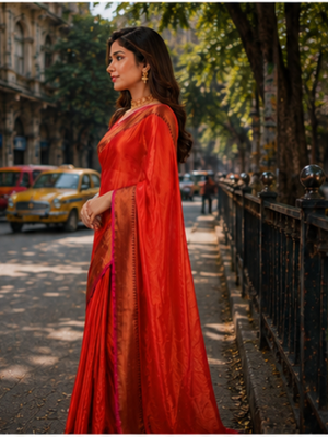  orange handloom cotton tissue saree 4