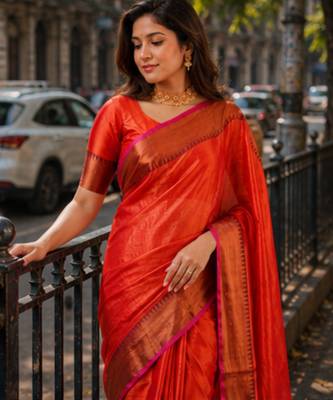  orange handloom cotton tissue saree 5