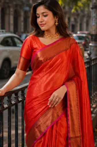  orange handloom cotton tissue saree