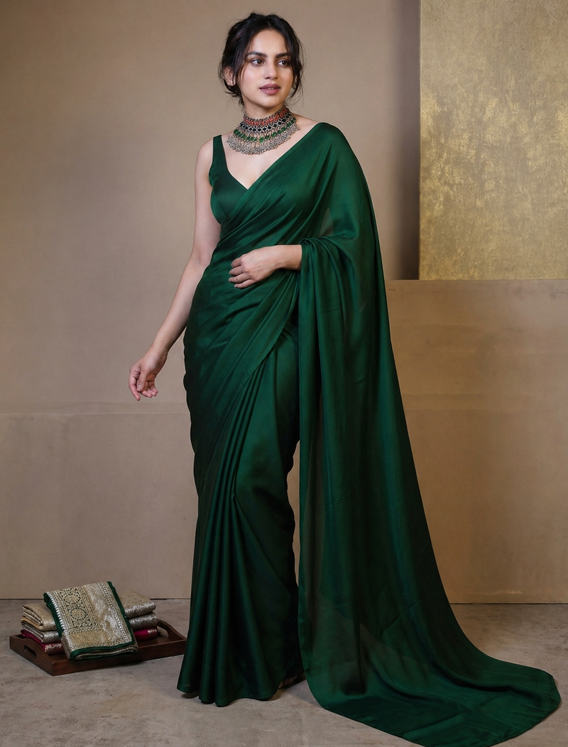 Designer Solid Fandy Satin Saree With Unstitched  Blouse piece