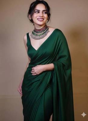 Designer Solid Fandy Satin Saree With Unstitched  Blouse piece 4