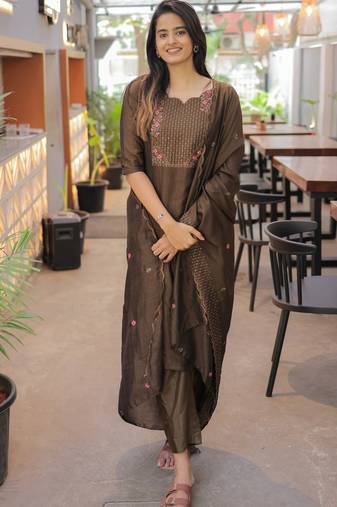 Chocolate brown embroidered  vertical cotton straight kurti pant dupatta set