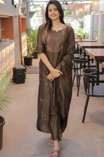 Chocolate brown embroidered  vertical cotton straight kurti pant dupatta set