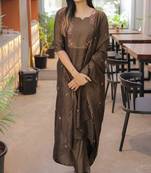 Chocolate brown embroidered  vertical cotton straight kurti pant dupatta set