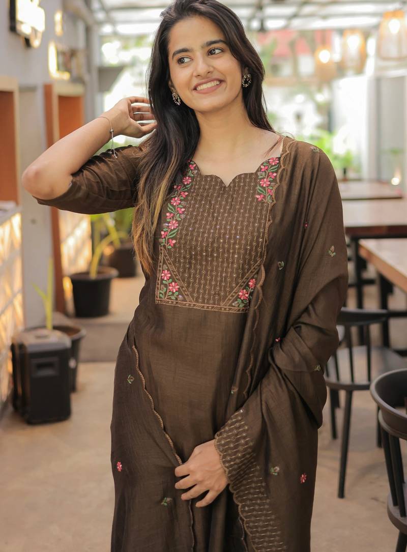 Chocolate brown embroidered  vertical cotton straight kurti pant dupatta set
