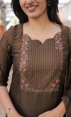 Chocolate brown embroidered  vertical cotton straight kurti pant dupatta set 3