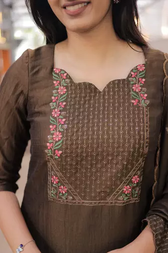 Chocolate brown embroidered  vertical cotton straight kurti pant dupatta set