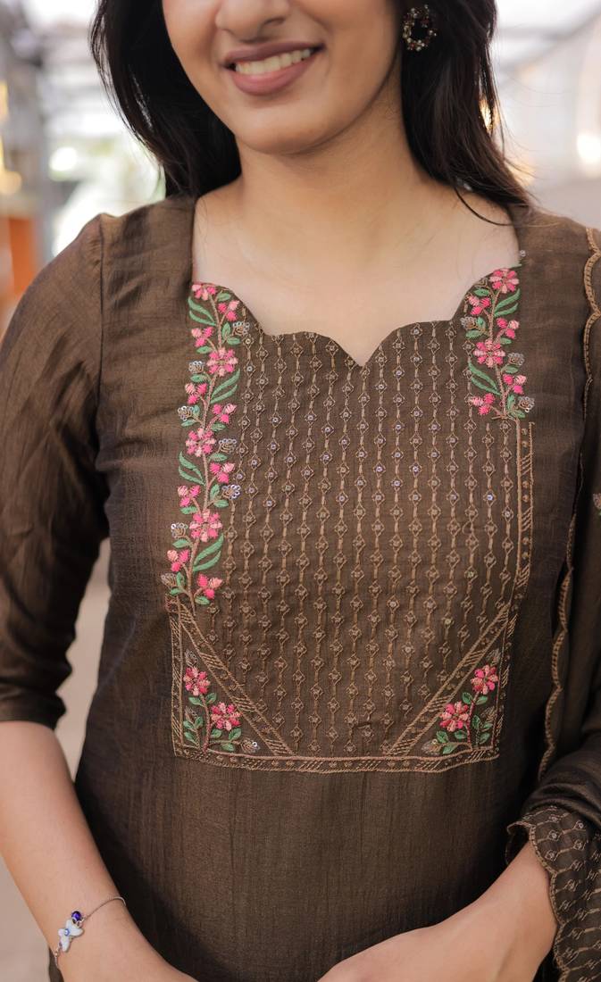 Chocolate brown embroidered  vertical cotton straight kurti pant dupatta set