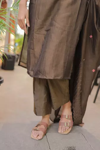 Chocolate brown embroidered  vertical cotton straight kurti pant dupatta set