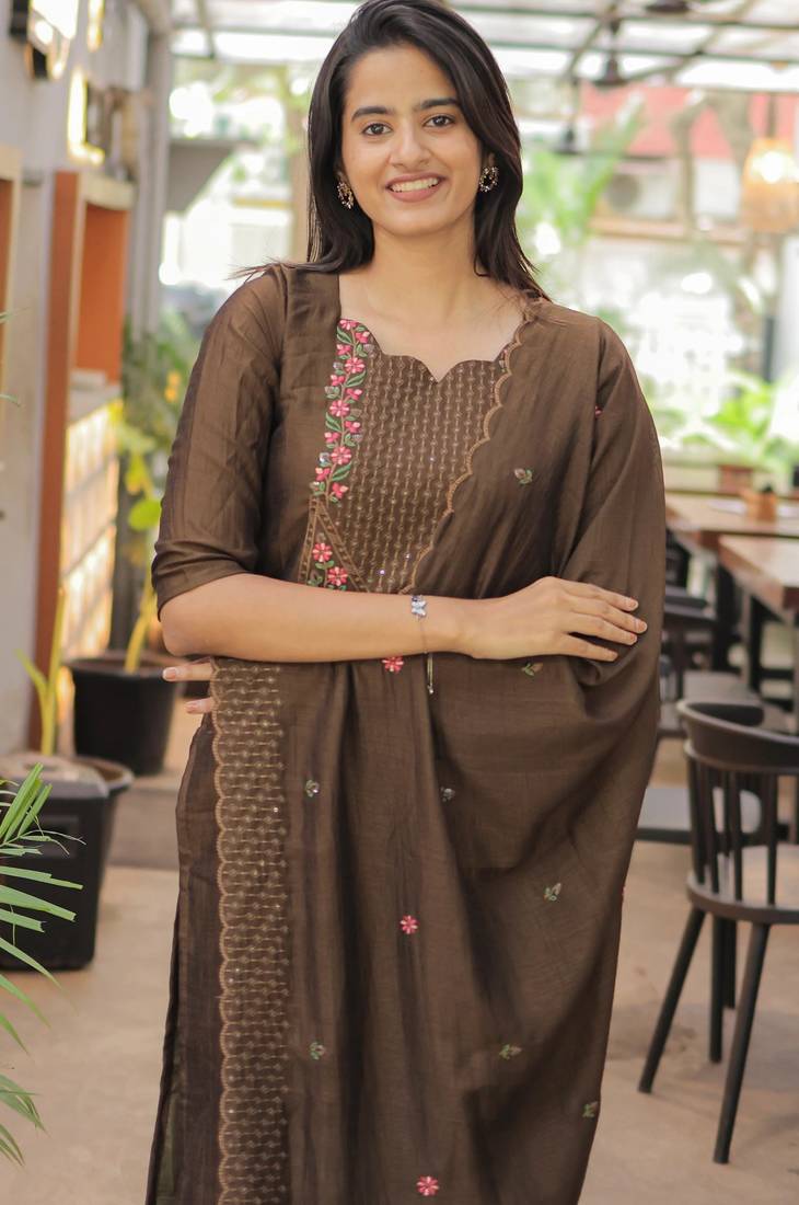 Chocolate brown embroidered  vertical cotton straight kurti pant dupatta set