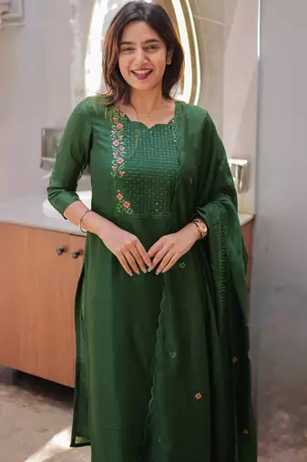 Green embroidered  vertical cotton straight kurti pant dupatta set