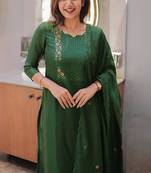 Green embroidered  vertical cotton straight kurti pant dupatta set