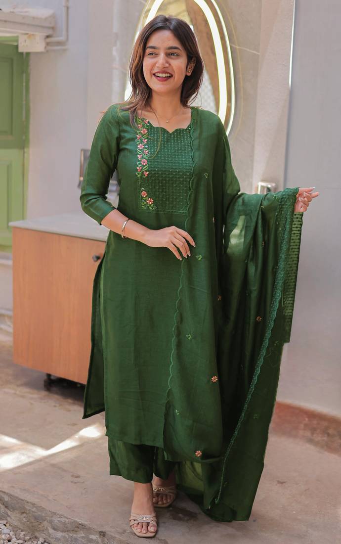 Green embroidered  vertical cotton straight kurti pant dupatta set