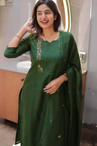 Green embroidered  vertical cotton straight kurti pant dupatta set