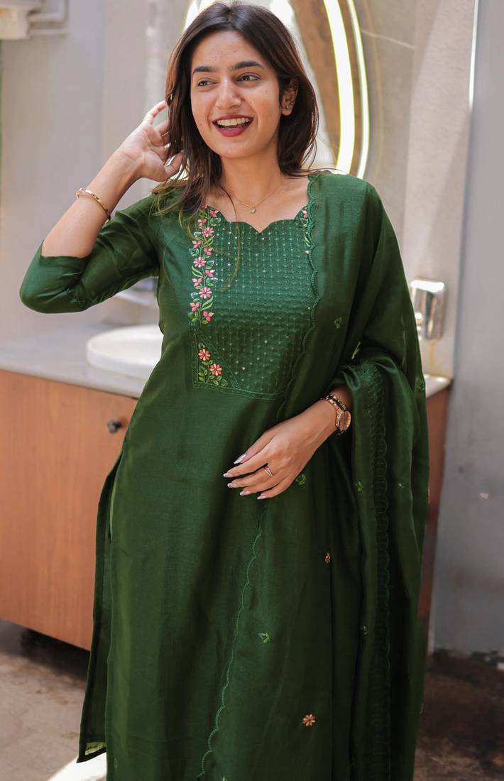 Green embroidered  vertical cotton straight kurti pant dupatta set